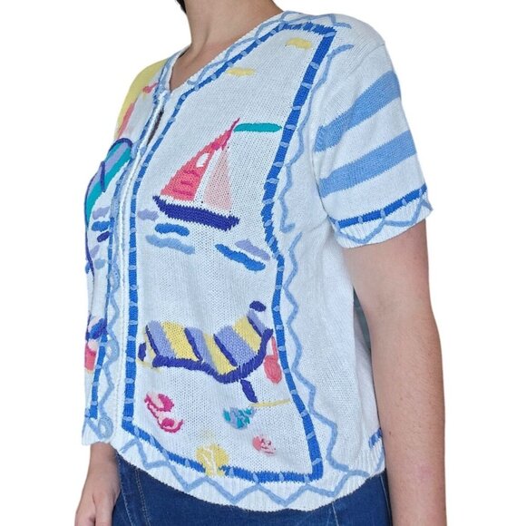 Vintage 80s Casual Corner Summer Beach Themed Knit Sweater Womens Size Large - Picture 2 of 12